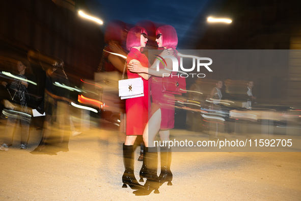 Vip arrives at the Versace fashion show during the Milan Womenswear Spring/Summer 2025 in Milan, Italy, on September 20, 2024 