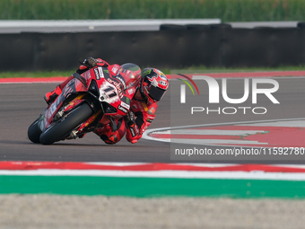 Nicolo Bulega from Italy of the Aruba.it Ducati Team rides a Ducati Panigale V4R during the FIM Motul Superbike World Championship free prac...