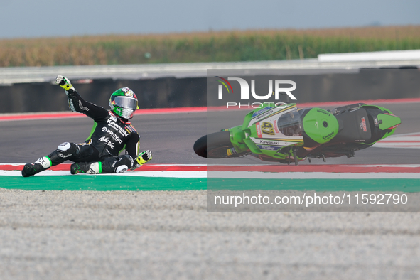 Axel Bassani from Italy of Kawasaki Racing Team WorldSBY crashes while riding a Kawasaki ZX-10RR during the FIM Motul Superbike World Champi...