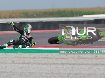 Axel Bassani from Italy of Kawasaki Racing Team WorldSBY crashes while riding a Kawasaki ZX-10RR during the FIM Motul Superbike World Champi...