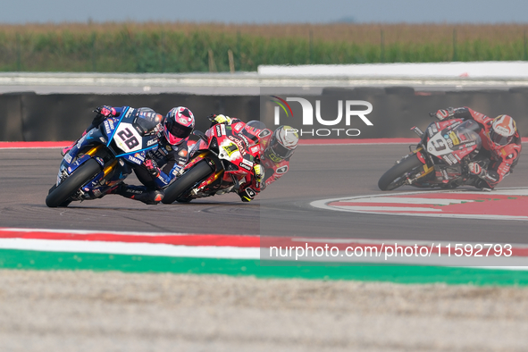 Bradley Ray from the United Kingdom of the Yamaha Motoracing World SBK Team rides a Yamaha YZF R1, followed by Alvaro Bautista from Spain of...