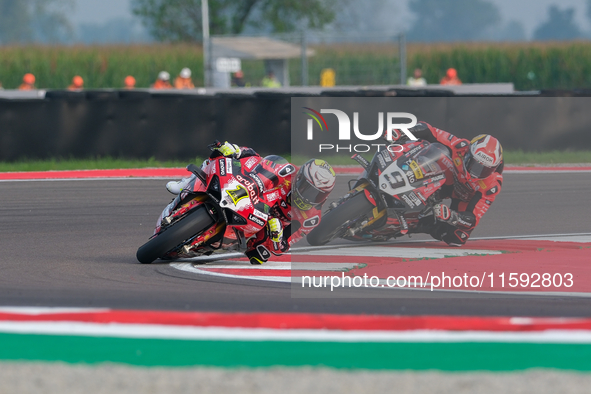 Alvaro Bautista from Spain of the Aruba.it Ducati Team rides a Ducati Panigale V4R, followed by Danilo Petrucci from Italy of the Brani Spar...