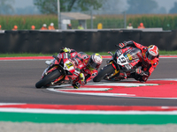 Alvaro Bautista from Spain of the Aruba.it Ducati Team rides a Ducati Panigale V4R, followed by Danilo Petrucci from Italy of the Brani Spar...