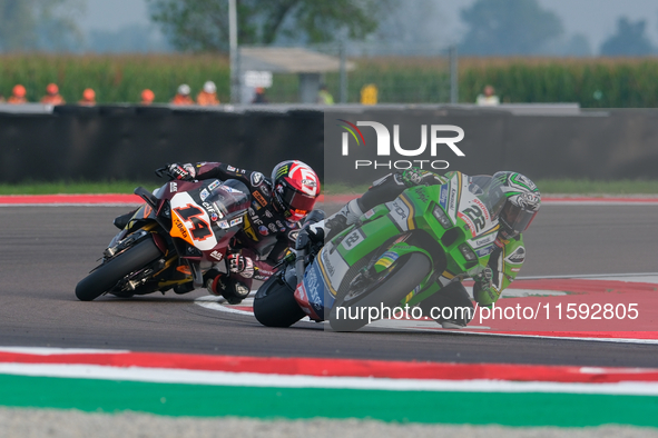 Alex Lowes from the United Kingdom of Kawasaki Racing Team World SBK rides a Kawasaki ZX-10RR, followed by Sam Lowes from the United Kingdom...