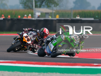 Alex Lowes from the United Kingdom of Kawasaki Racing Team World SBK rides a Kawasaki ZX-10RR, followed by Sam Lowes from the United Kingdom...