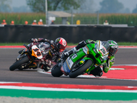 Alex Lowes from the United Kingdom of Kawasaki Racing Team World SBK rides a Kawasaki ZX-10RR, followed by Sam Lowes from the United Kingdom...