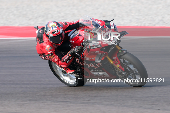 Nicolo Bulega from Italy of the Aruba.it Ducati Team rides a Ducati Panigale V4R during the FIM Motul Superbike World Championship free prac...