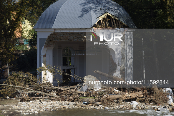 A chapel damaged by the flood wave sits amongst debries next to the Morawka river in Stronie Slaskie, Poland on September 21, 2024. 