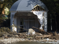 A chapel damaged by the flood wave sits amongst debries next to the Morawka river in Stronie Slaskie, Poland on September 21, 2024. (