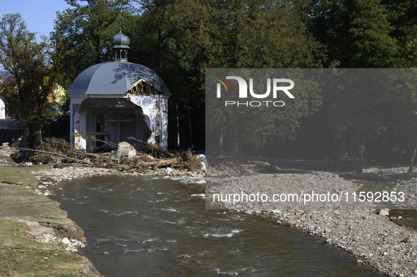 A chapel damaged by the flood wave sits amongst debries next to the Morawka river in Stronie Slaskie, Poland on September 21, 2024. 