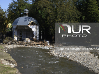 A chapel damaged by the flood wave sits amongst debries next to the Morawka river in Stronie Slaskie, Poland on September 21, 2024. (