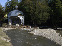 A chapel damaged by the flood wave sits amongst debries next to the Morawka river in Stronie Slaskie, Poland on September 21, 2024. (