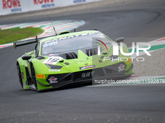 Mateo Llarena, Baptiste Moulin, and Artem Petrov of the GRT - Grasser Racing Team stand next to a Lamborghini Huracan GT3 EVO2 GT car on a p...