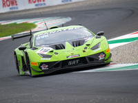 Mateo Llarena, Baptiste Moulin, and Artem Petrov of the GRT - Grasser Racing Team stand next to a Lamborghini Huracan GT3 EVO2 GT car on a p...