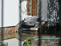 A door is barricaded by sandbags on the bank of the Danube in Vac, Hungary, about 42 km from Budapest, as the peak water levels of the Danub...