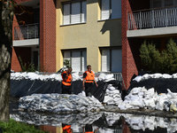 Firefighters patrol the flood barrier on the bank of the Danube in Vac, Hungary, about 42km from Budapest, as the peak water levels of the D...