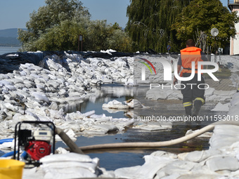 Sandbags serve as a flood barrier on the bank of the Danube in Vac, Hungary, about 42 km from Budapest, as the peak water levels of the Danu...