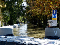 A street is completely flooded on the bank of the Danube in Vac, Hungary, about 42km from Budapest, as the peak water levels of the Danube a...