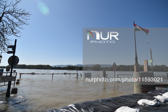 The terminal of a ferry on the bank of the Danube in Vac, Hungary, about 42 km from Budapest, as the peak water levels of the Danube are exp...