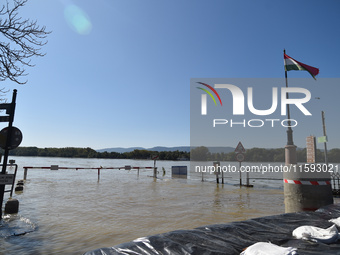 The terminal of a ferry on the bank of the Danube in Vac, Hungary, about 42 km from Budapest, as the peak water levels of the Danube are exp...