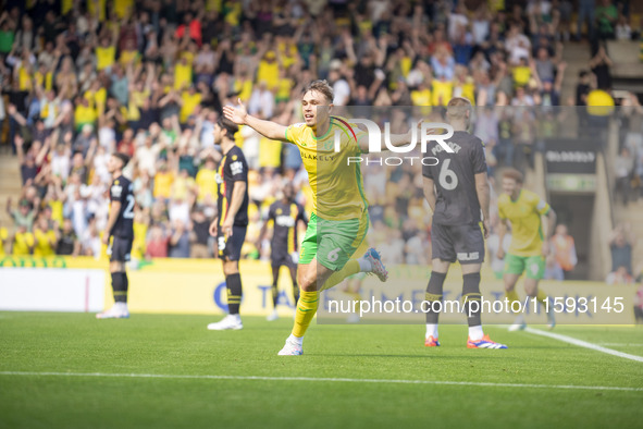 Callum Doyle of Norwich City celebrates scoring their first goal during the Sky Bet Championship match between Norwich City and Watford at C...