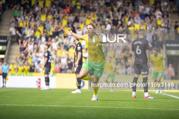 Callum Doyle of Norwich City celebrates scoring their first goal during the Sky Bet Championship match between Norwich City and Watford at C...