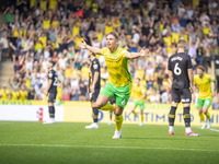 Callum Doyle of Norwich City celebrates scoring their first goal during the Sky Bet Championship match between Norwich City and Watford at C...