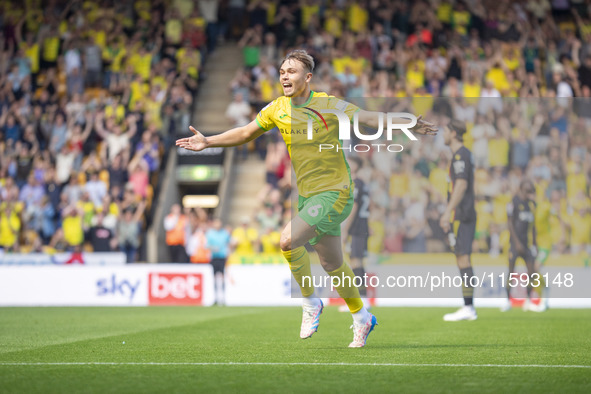 Callum Doyle of Norwich City celebrates scoring their first goal during the Sky Bet Championship match between Norwich City and Watford at C...