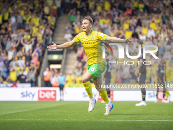 Callum Doyle of Norwich City celebrates scoring their first goal during the Sky Bet Championship match between Norwich City and Watford at C...