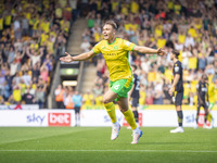 Callum Doyle of Norwich City celebrates scoring their first goal during the Sky Bet Championship match between Norwich City and Watford at C...