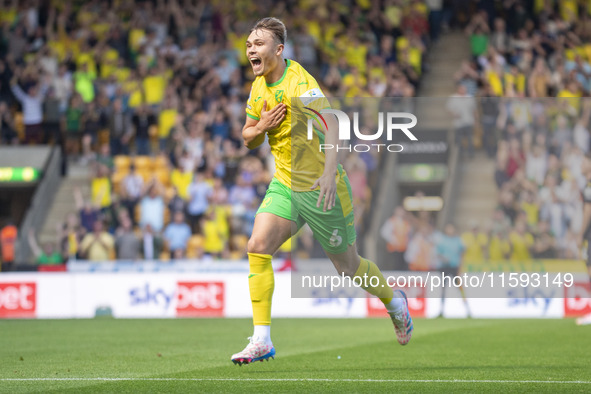 Callum Doyle of Norwich City celebrates scoring their first goal during the Sky Bet Championship match between Norwich City and Watford at C...