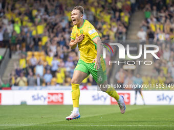 Callum Doyle of Norwich City celebrates scoring their first goal during the Sky Bet Championship match between Norwich City and Watford at C...