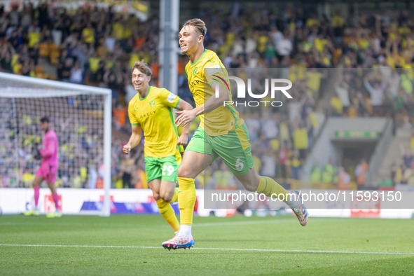 Callum Doyle of Norwich City celebrates scoring their first goal during the Sky Bet Championship match between Norwich City and Watford at C...