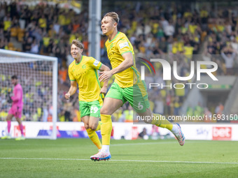 Callum Doyle of Norwich City celebrates scoring their first goal during the Sky Bet Championship match between Norwich City and Watford at C...