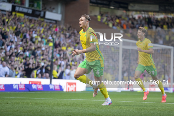 Callum Doyle of Norwich City celebrates scoring their first goal during the Sky Bet Championship match between Norwich City and Watford at C...