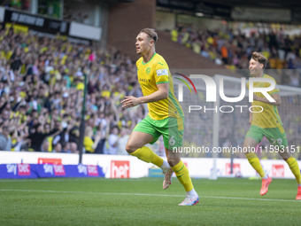 Callum Doyle of Norwich City celebrates scoring their first goal during the Sky Bet Championship match between Norwich City and Watford at C...