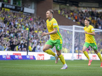 Callum Doyle of Norwich City celebrates scoring their first goal during the Sky Bet Championship match between Norwich City and Watford at C...