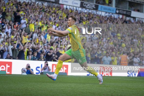 Callum Doyle of Norwich City celebrates scoring their first goal during the Sky Bet Championship match between Norwich City and Watford at C...