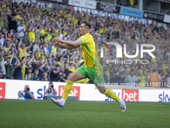 Callum Doyle of Norwich City celebrates scoring their first goal during the Sky Bet Championship match between Norwich City and Watford at C...