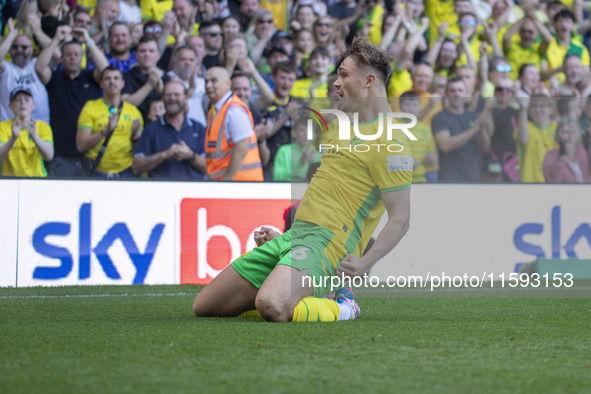 Callum Doyle of Norwich City celebrates scoring their first goal during the Sky Bet Championship match between Norwich City and Watford at C...