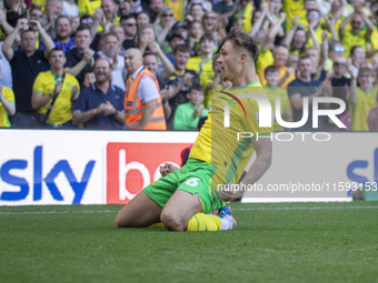 Callum Doyle of Norwich City celebrates scoring their first goal during the Sky Bet Championship match between Norwich City and Watford at C...