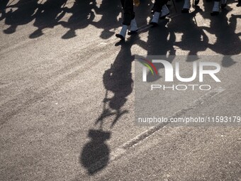 Members of the Iranian Army's land force march in a military parade commemorating the anniversary of the Iran-Iraq War (1980-88) outside the...