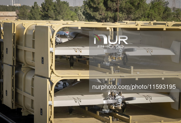 Iranian-made unmanned aerial vehicles (UAV), the Shahed-136, are carried by a truck during a military parade commemorating the anniversary o...