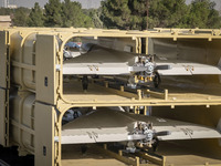 Iranian-made unmanned aerial vehicles (UAV), the Shahed-136, are carried by a truck during a military parade commemorating the anniversary o...