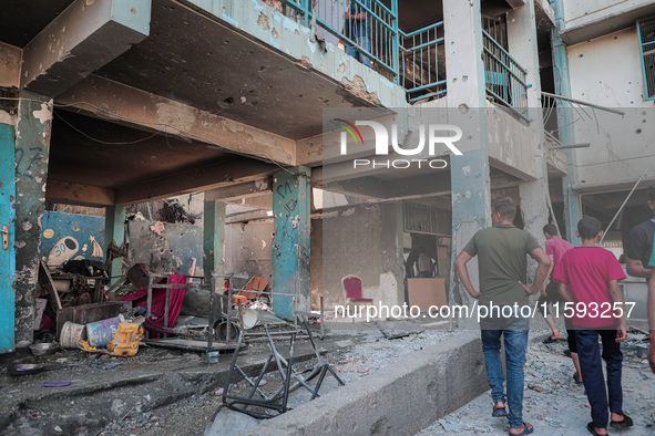 A picture shows the destruction caused by an Israeli army attack on the Al-Falah school where Palestinians take shelter, killing and woundin...