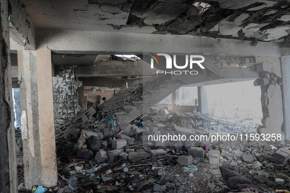 A picture shows the destruction caused by an Israeli army attack on the Al-Falah school where Palestinians take shelter, killing and woundin...