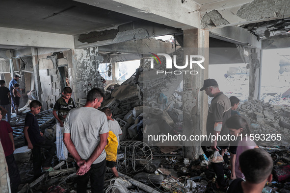 A picture shows the destruction caused by an Israeli army attack on the Al-Falah school where Palestinians take shelter, killing and woundin...