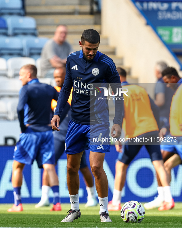 Conor Coady of Leicester City warms up during the Premier League match between Leicester City and Everton at the King Power Stadium in Leice...