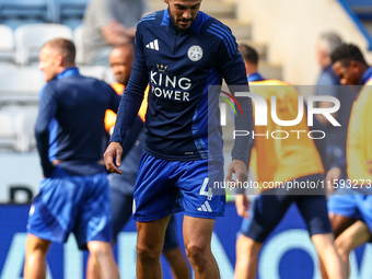 Conor Coady of Leicester City warms up during the Premier League match between Leicester City and Everton at the King Power Stadium in Leice...