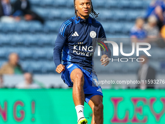 #14, Bobby Decordova-Reid of Leicester City warms up during the Premier League match between Leicester City and Everton at the King Power St...